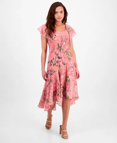 Robbie Bee Petite Floral Flutter-sleeve Midi Dress In Coral Multi
