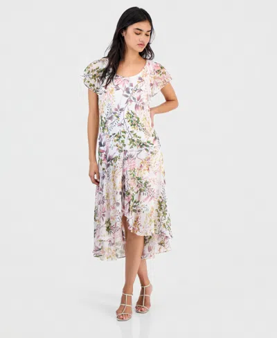 Robbie Bee Petite Floral Flutter-sleeve Midi Dress In White