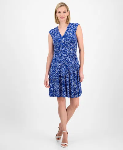 Robbie Bee Petite Floral-print Double-ruffle Fit & Flare Dress