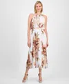 Robbie Bee Petite Floral-print Elastic-waist Pleated Halter Midi Dress In Ivory Brown