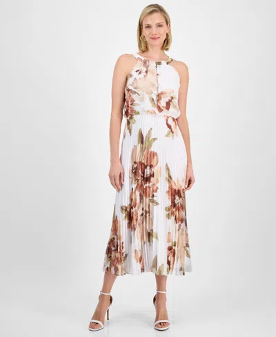 Robbie Bee Petite Floral-print Elastic-waist Pleated Halter Midi Dress In Ivory Brown