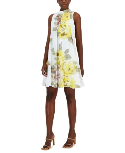 Robbie Bee Petite Floral-print Mock Neck Trapeze Dress In White,yellow