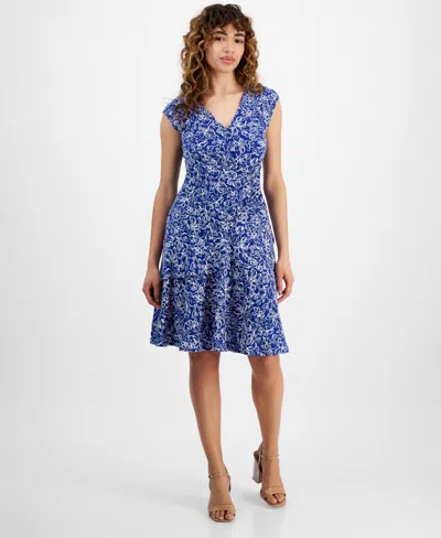 Robbie Bee Petite Floral-print Tiered Fit & Flare Dress In Cobalt,whi