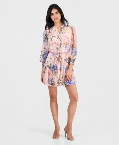 Robbie Bee Petite Floral-print Chiffon Belted Dress In Pink