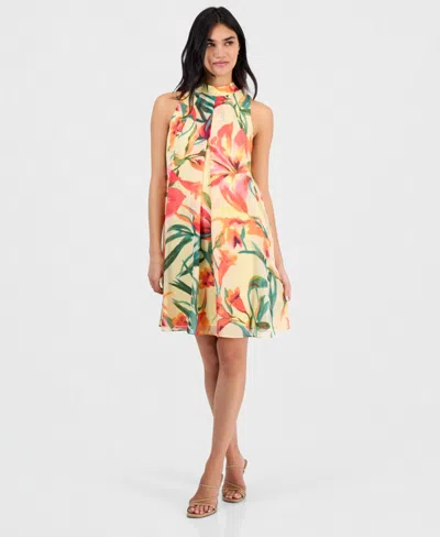 Robbie Bee Petite Floral-print Chiffon Trapeze Dress In Green