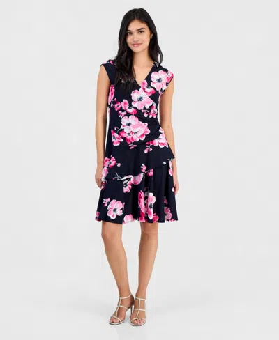 Robbie Bee Petite Floral-print Ruffle Cap-sleeve Dress In Multi