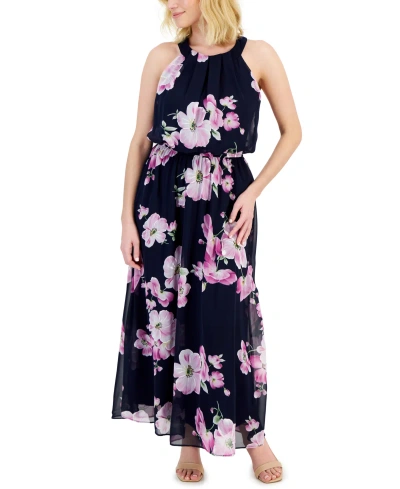 Robbie Bee Petite Halter Floral Print Sleeveless Maxi Dress In Navy,orchid