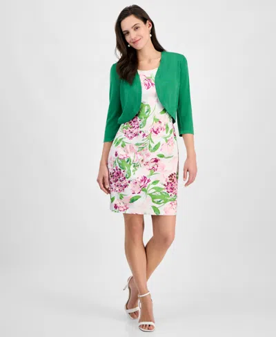 Robbie Bee Petite Knit Shrug & Floral Print Sheath Dress Set In Pink Green