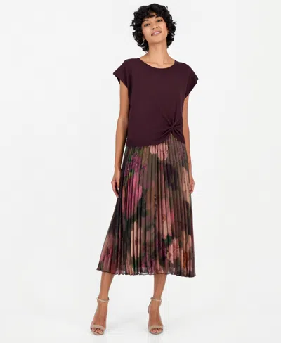 Robbie Bee Petite Knit-bodice Pleated-skirt Dress In Brown.tan