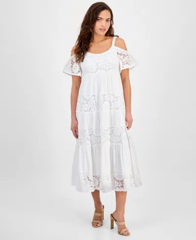 Robbie Bee Petite Lace Cold-shoulder Flutter-sleeve Dress In White