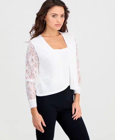 Robbie Bee Petite Lace-sleeve Open-front Shrug In White