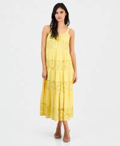 Robbie Bee Petite Lace-trim Sleeveless Tiered Midi Dress In Yellow