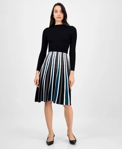 Robbie Bee Petite Long-sleeve Pleated-skirt Sweater Dress In Black
