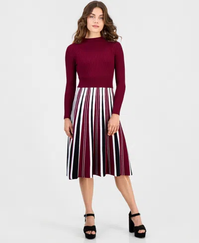 Robbie Bee Petite Long-sleeve Pleated-skirt Sweater Dress In Wine.black.wht