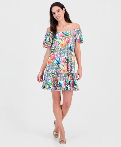 Robbie Bee Petite Off-the-shoulder Printed Eyelet Dress In Multi