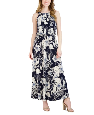 Robbie Bee Petite Pleated-neck Maxi Dress In Navy,ivory