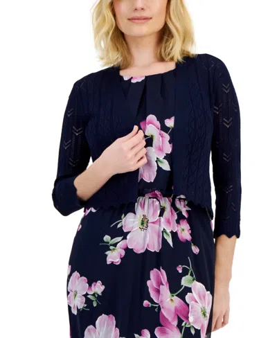Robbie Bee Petite Pointelle Knit 3/4-sleeve Open-front Shrug In Navy