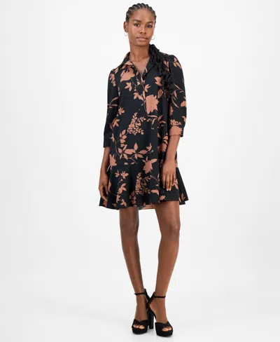 Robbie Bee Petite Printed Button-front Shift Dress In Black