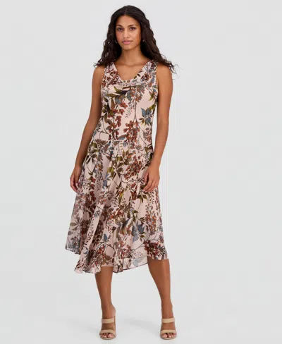 Robbie Bee Petite Printed Chiffon Drape-neck Midi Dress In Gold