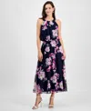Robbie Bee Plus Size Floral-print Pleat-neck Jersey Dress In Navy Orchid