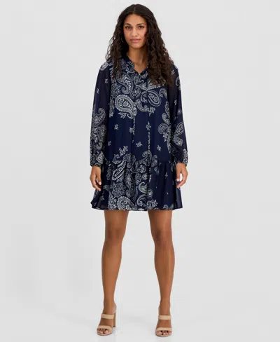 Robbie Bee Petite Printed Chiffon Tie-neck Tiered Dress In Blue