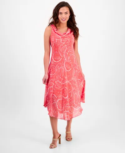 Robbie Bee Petite Printed Cowlneck Chiffon Dress In Coral Multi