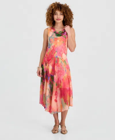 Robbie Bee Petite Printed Cowlneck High-low Midi Dress In Pink