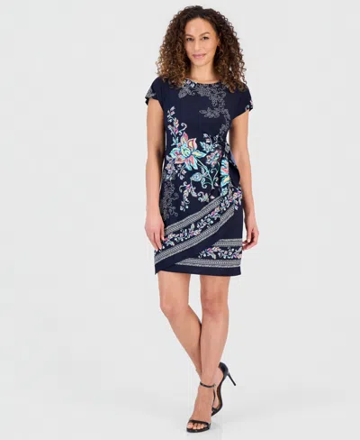 Robbie Bee Petite Printed Faux-sarong Short-sleeve Dress In Navy