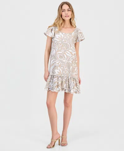 Robbie Bee Petite Printed Flutter-sleeve Shift Dress In Neutral