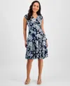 Robbie Bee Petite Printed Jersey Cap-sleeve A-line Dress In Navy Cobalt