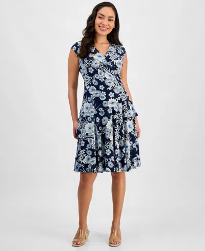 Robbie Bee Petite Printed Jersey Cap-sleeve A-line Dress In Navy Cobalt