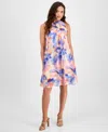 Robbie Bee Petite Printed Mock-neck Sleeveless Trapeze Dress In Blue Coral Multi