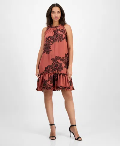 Robbie Bee Petite Printed Ruffle-neck Shift Dress In Multi
