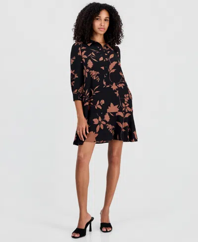Robbie Bee Petite Printed Ruffle-hem Scuba Dress In Black.brown