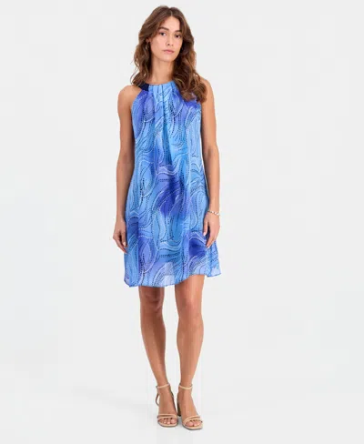 Robbie Bee Petite Printed Sleeveless Trapeze Dress In Blue