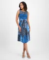 Robbie Bee Petite Printed Tie-waist Sleeveless Dress In Blue