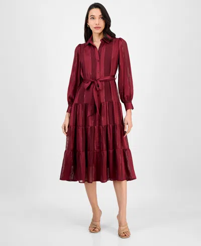 Robbie Bee Petite Satin Stripe Tie-waist Shirtdress In Brown