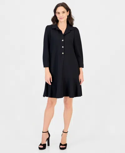 Robbie Bee Petite Scuba Crepe 3/4 Sleeve Ruffled Hem Shirt Dress In Black