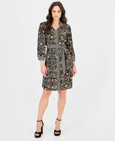 Robbie Bee Petite Scuba Crepe A-line Shirt Dress In Black,brown,olive