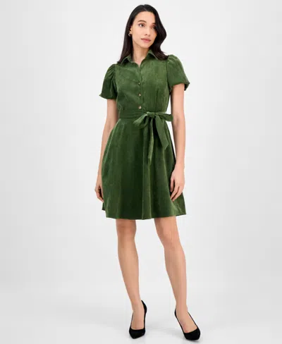 Robbie Bee Petite Short-sleeve Button-front Corduroy Shirtdress In Green