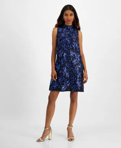 Robbie Bee Petite Sleeveless Sequined Lace A-line Dress In Blue