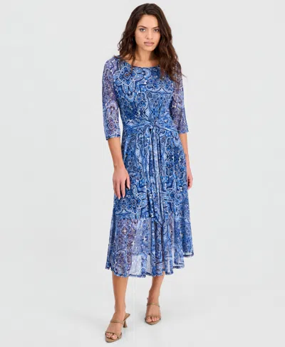 Robbie Bee Petite Tie-front 3/4-sleeve Mesh Midi Dress In Blue