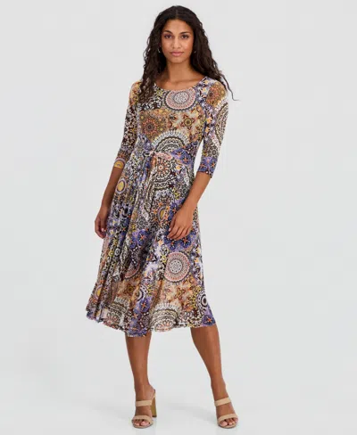 Robbie Bee Petite Tie-front 3/4-sleeve Midi Dress In Multi