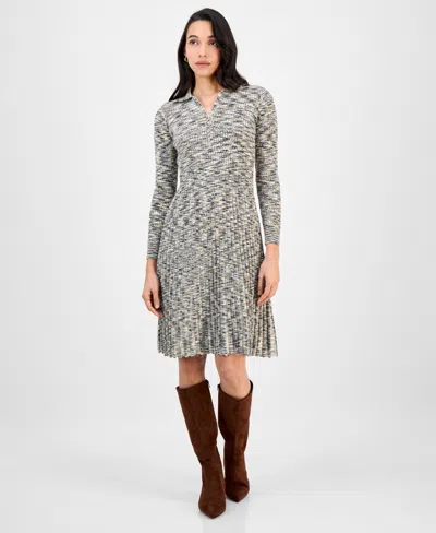 Robbie Bee Petite Zip-front Heathered Sweater Dress In Gray