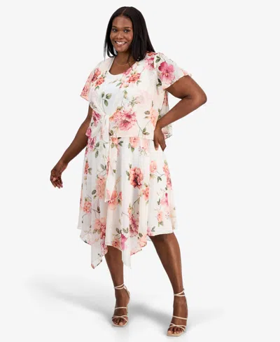 Robbie Bee Plus Size 2-pc. Floral-print Chiffon Dress & Open-front Jacket In Ivory Wine