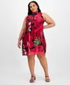 Robbie Bee Plus Size Bow-back Printed Trapeze Dress In Red