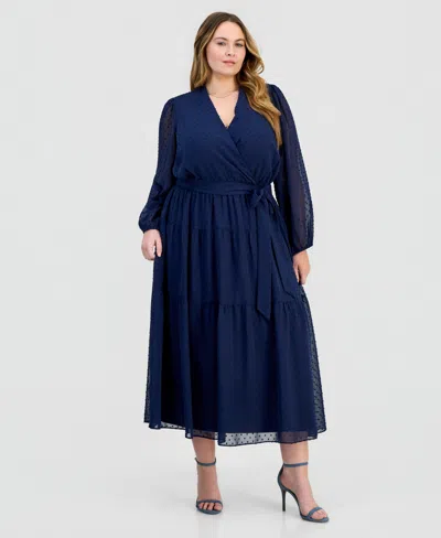 Robbie Bee Plus Size Clip-dot Tiered Dress In Blue