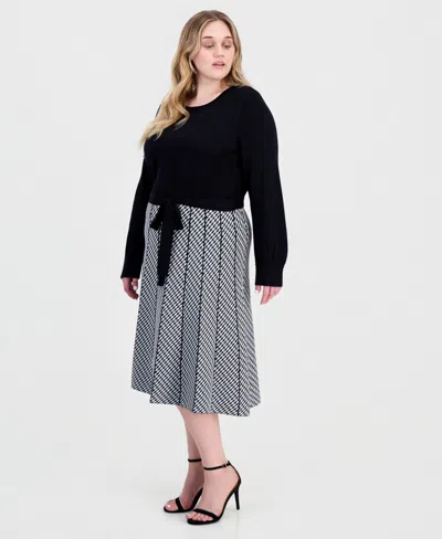 Robbie Bee Plus Size Combo Skirt Long-sleeve Knit Midi A-line Dress In Black.ivory