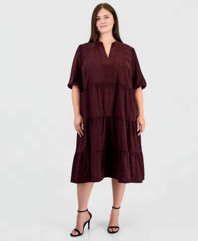 Robbie Bee Plus Size Corduroy Puff-sleeve Tiered Dress In Burgundy