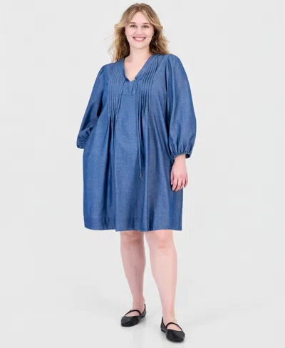 Robbie Bee Plus Size Denim V-neck Long-sleeve Shift Dress In Blue